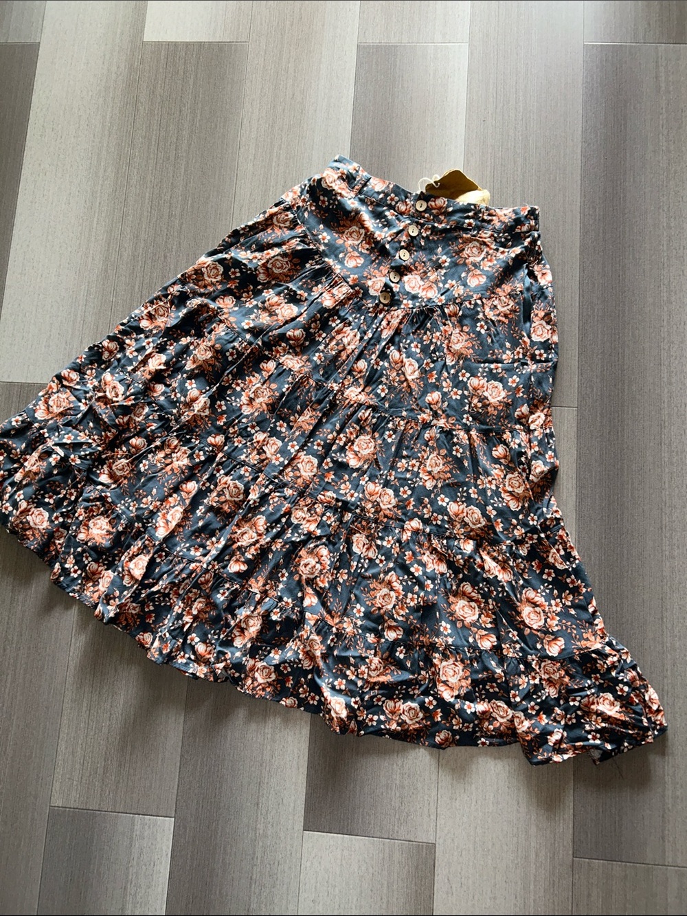 Floral Tiered Maxi Skirt - Black with Peach Floral Print